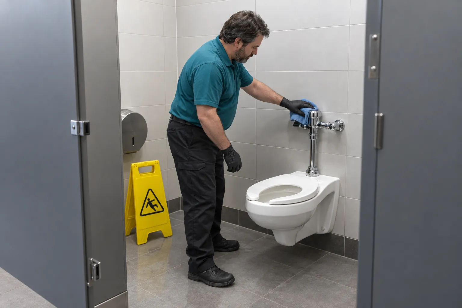 A custodian in gloves wiping the flush valve of a toilet in a tiled office washroom, with a wet floor sign on the floor.