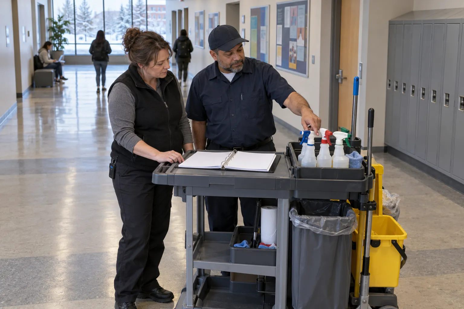 A supervisor and a custodian looking at an open binder on a janitor's cart in a college corridor, the custodian pointing to the spray bottles.