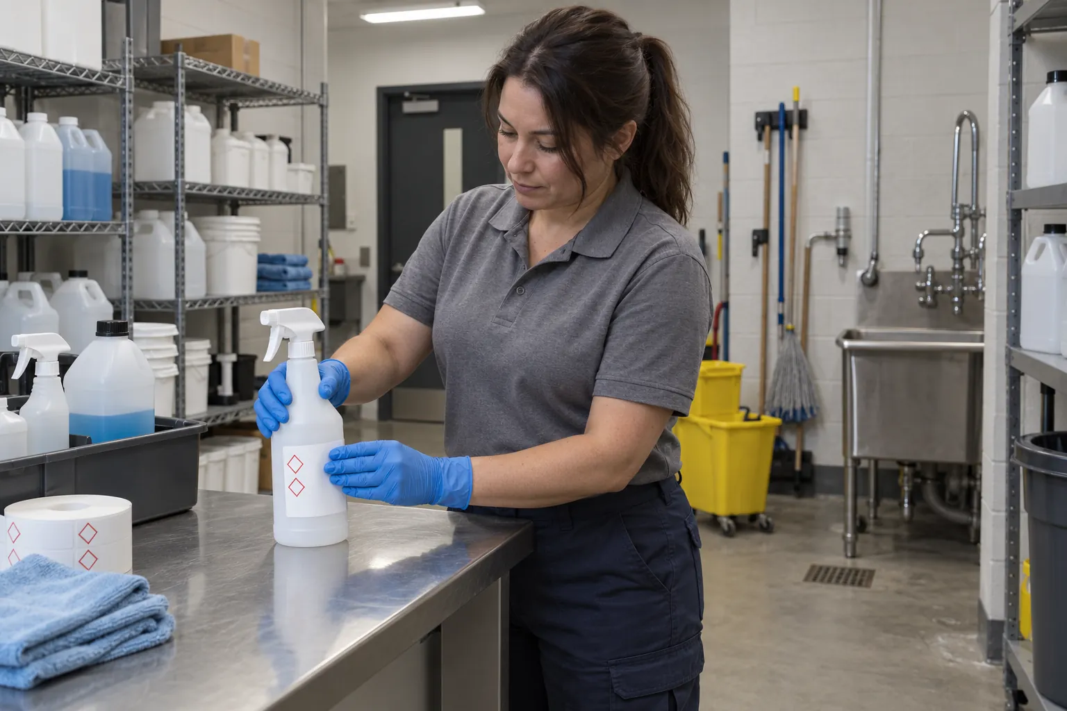 A janitorial worker in nitrile gloves pressing a blank workplace label onto a spray bottle on a steel counter in a supply room.
