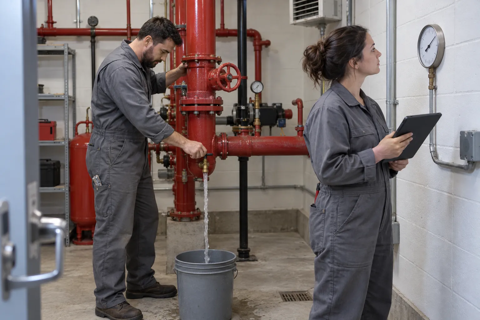 Two maintenance technicians in a sprinkler valve room, one draining a low-point drain into a bucket and the other reading a wall thermometer.