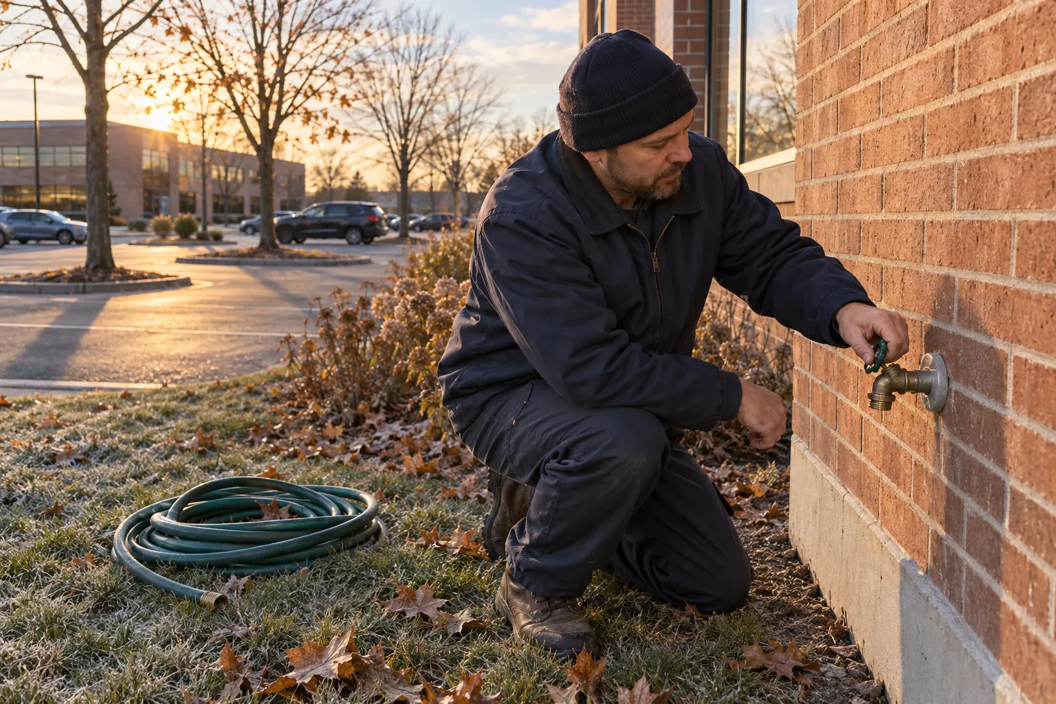 A building operator shutting off an outdoor hose bib on the brick wall of an office building on a frosty fall afternoon.