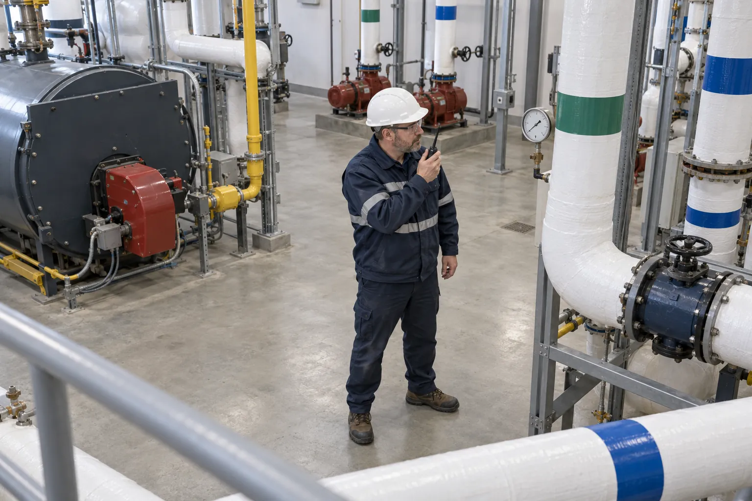 A building operator alone in a mechanical room, speaking into a two-way radio while checking a pressure gauge.