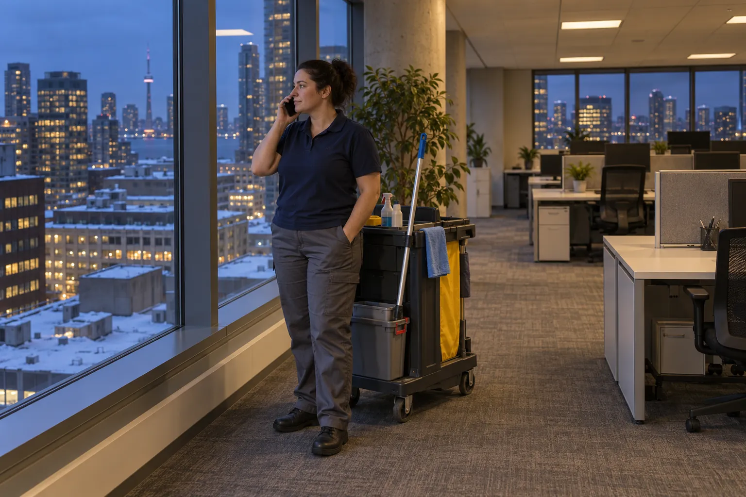 A janitorial worker beside her cleaning cart in an empty evening office, on a phone call by the windows.