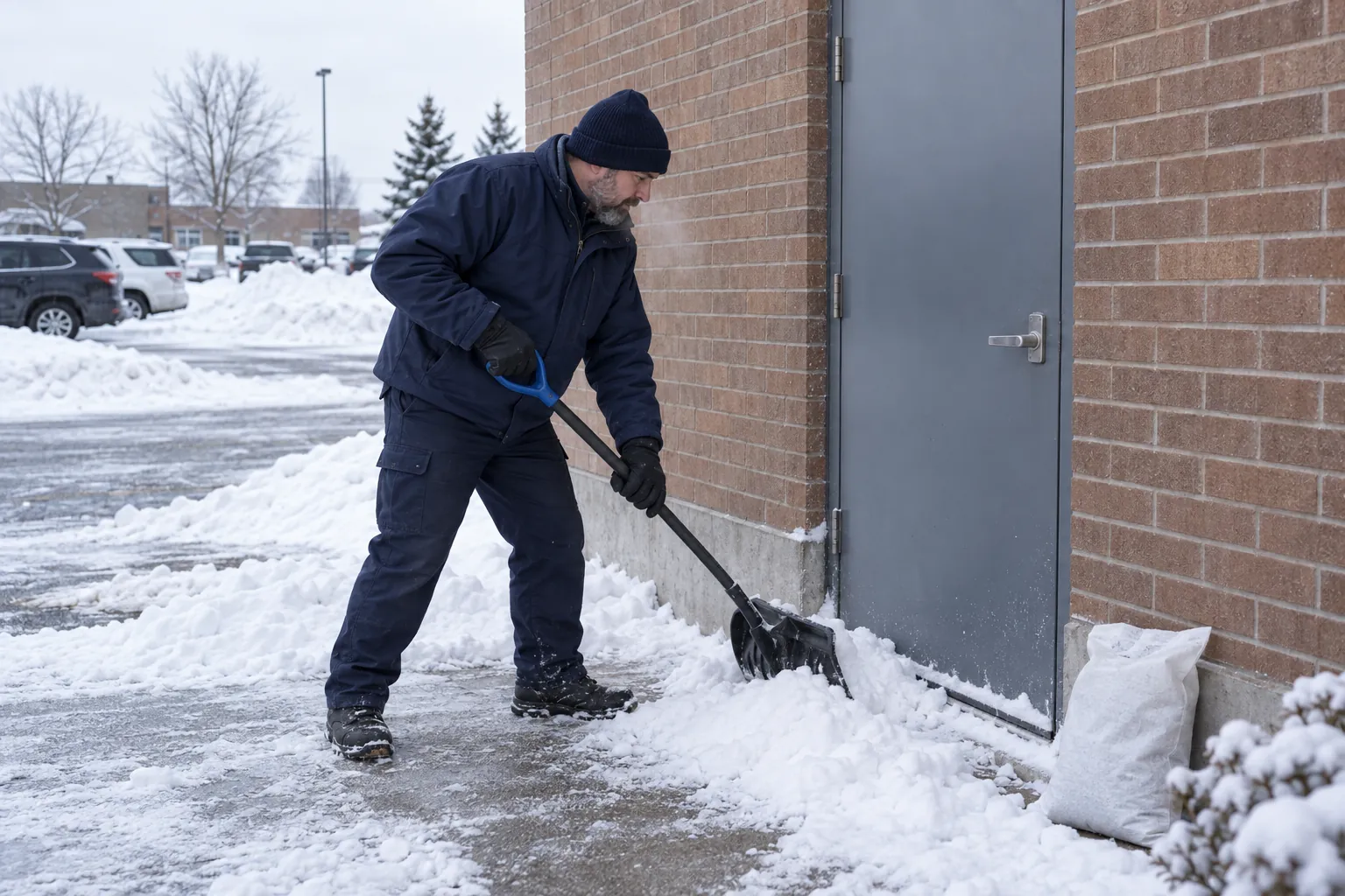 A building operator shovelling fresh snow away from the outside of a side exit door of a brick office building.