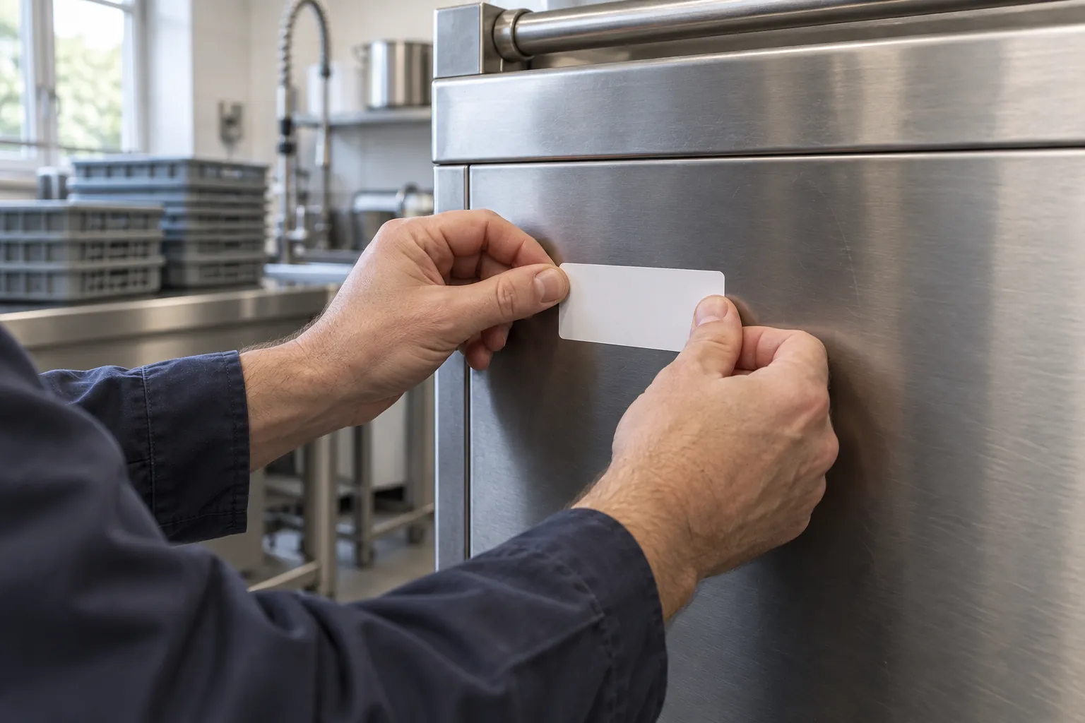 A technician fixing a blank asset label to a dishwasher in a school kitchen.