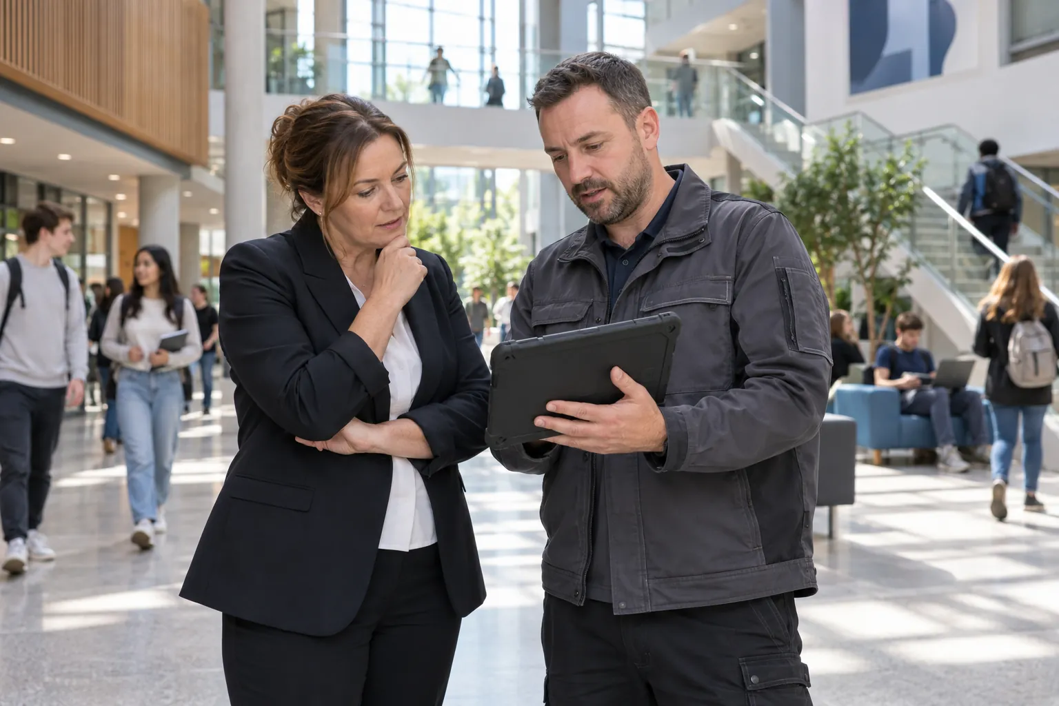 A facilities manager and an engineer looking at a tablet in a university reception atrium.