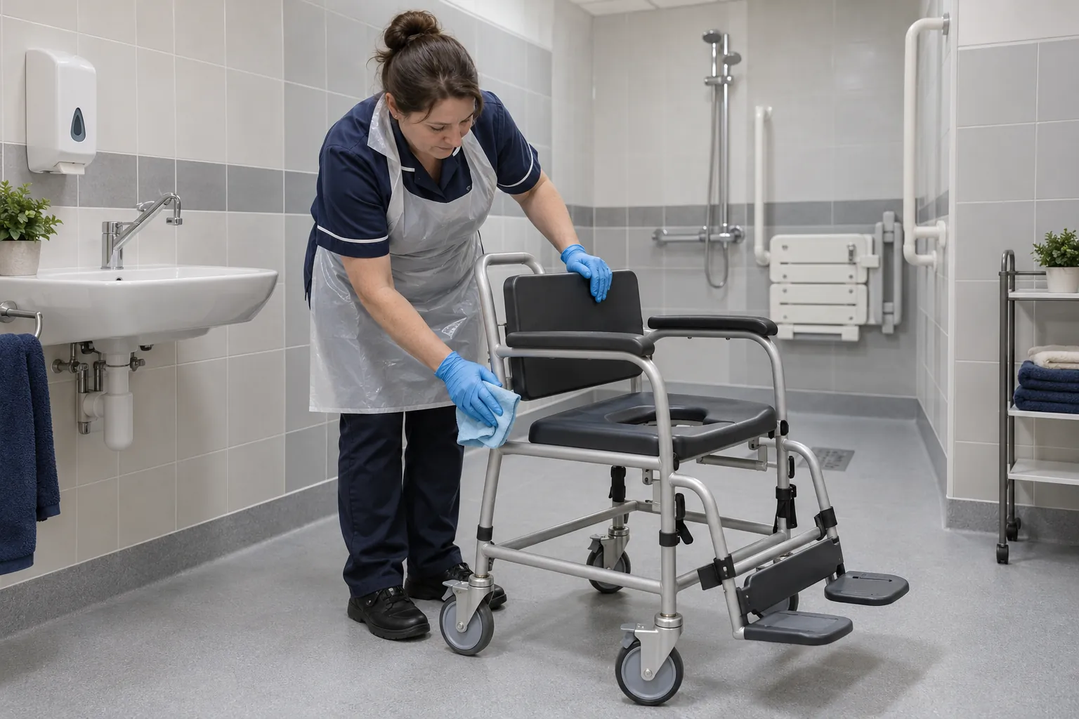 A care assistant in an apron cleaning a shower chair in a tiled care home bathroom.