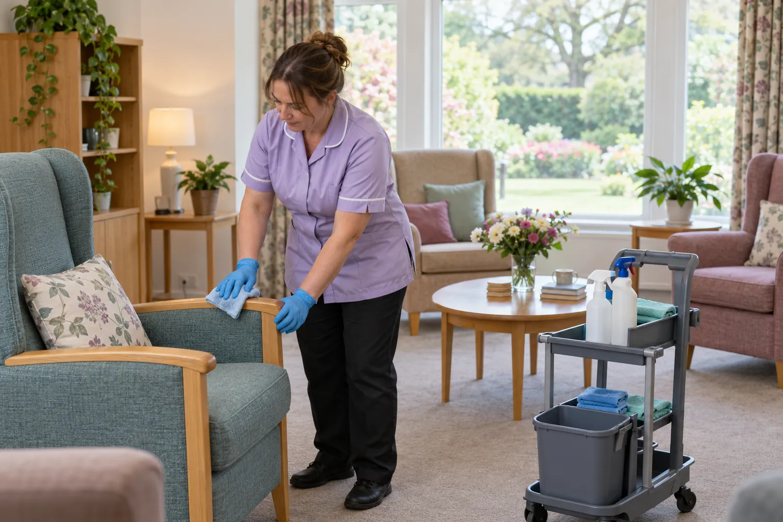 A care home housekeeper in gloves wiping the arm of a chair in a bright residents' lounge.