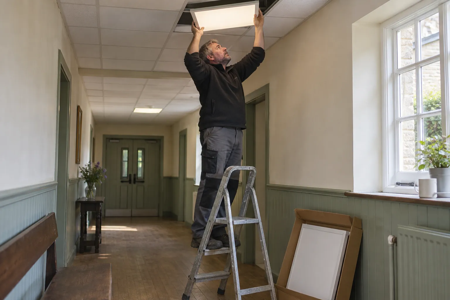 A caretaker on a stepladder fitting a ceiling light in a village hall corridor.