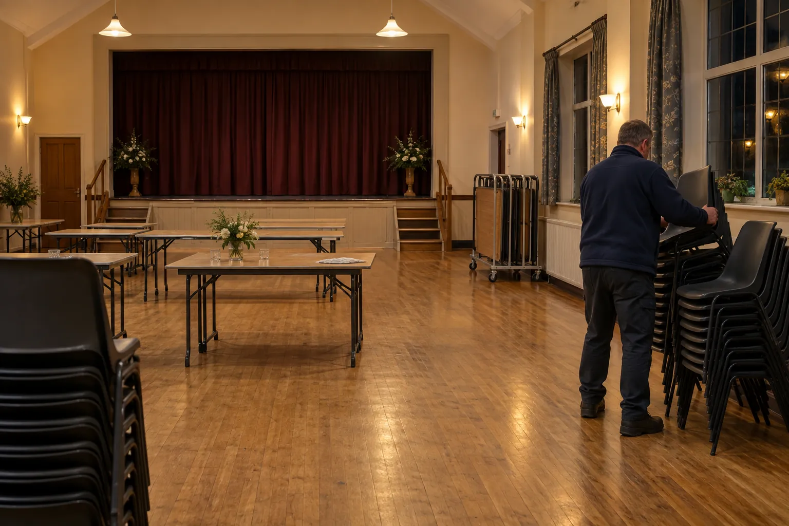 A caretaker stacking chairs in a community hall after an evening event.
