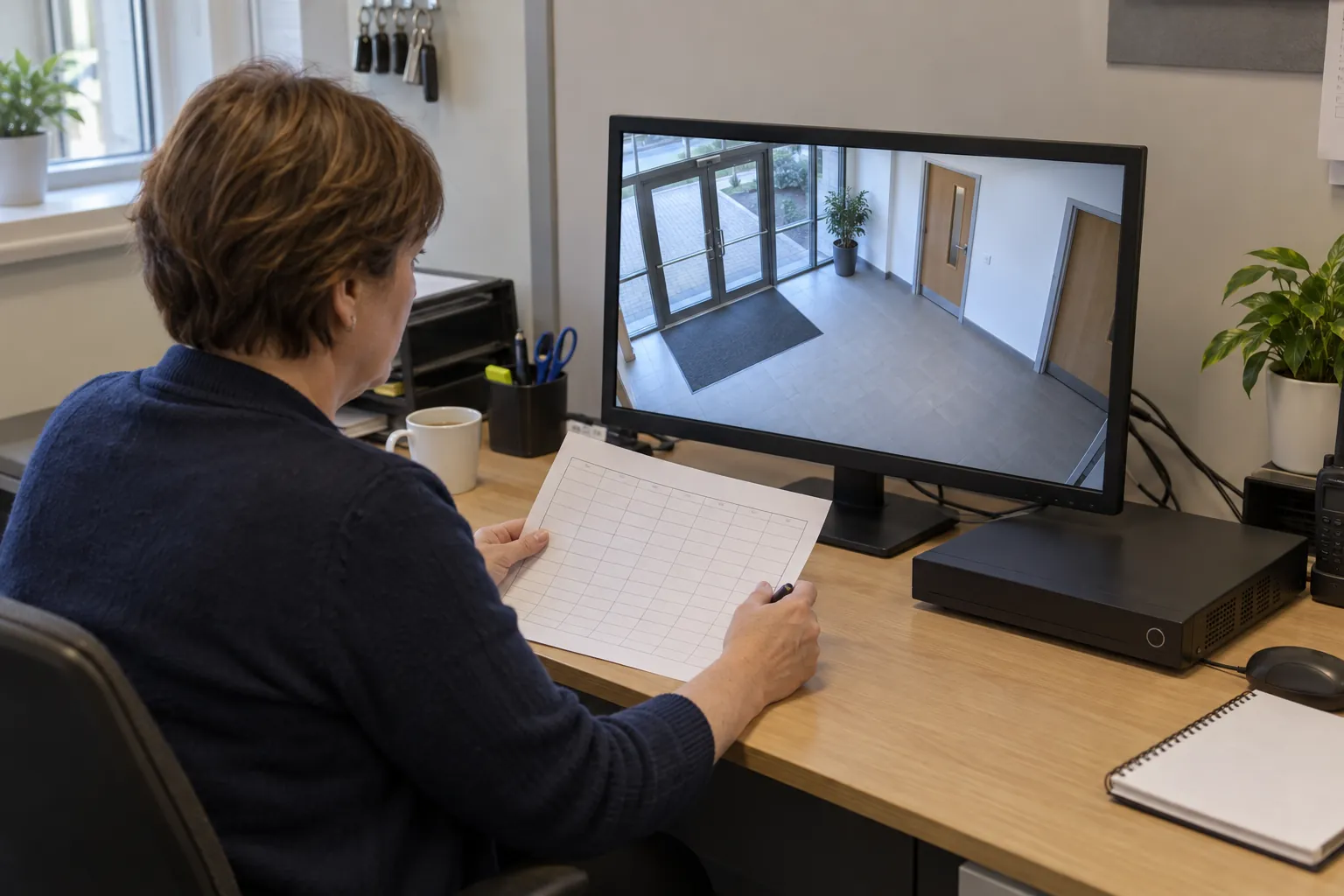 A coordinator checking a camera view and maintenance record at a security desk.