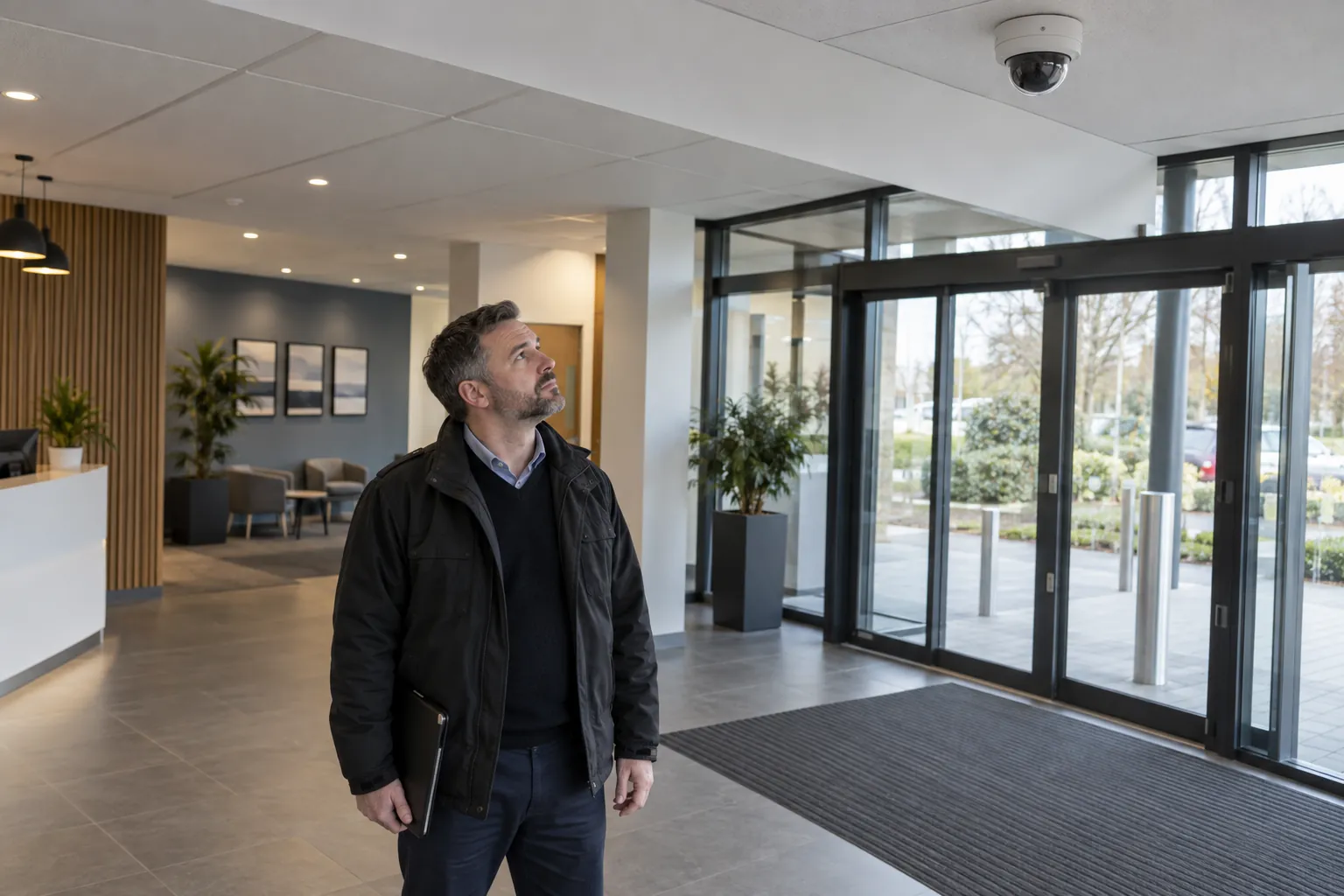 A facilities coordinator looking at a ceiling-mounted camera in an office entrance.