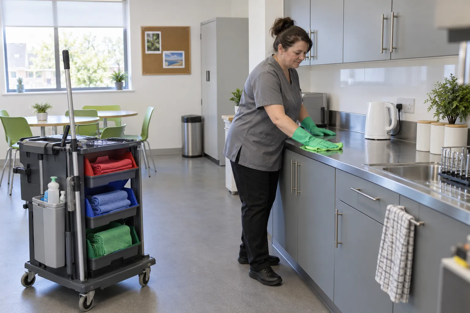 A cleaner wiping a kitchenette worktop with a green cloth beside a trolley of red, blue and green cloths.