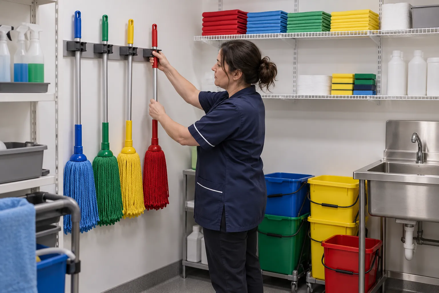 A cleaner hanging a red mop on a rack beside blue, green and yellow mops and buckets in a cleaners' store.