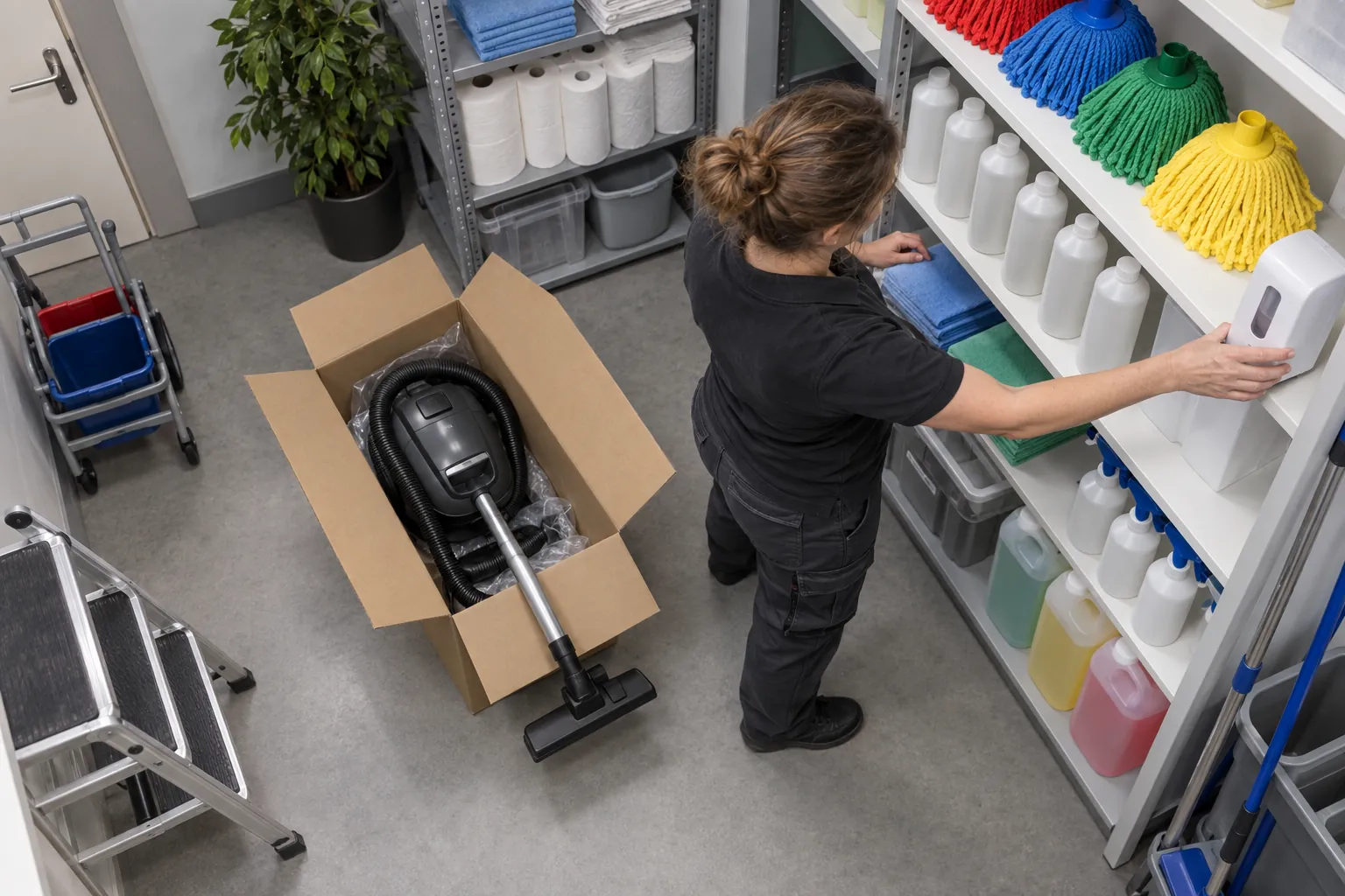 New cleaning equipment and colour-coded mops being unpacked in a cleaners' store.