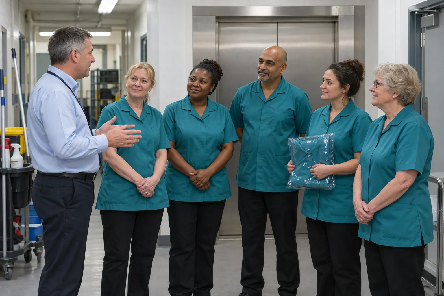A supervisor briefing a new cleaning team in a service corridor.