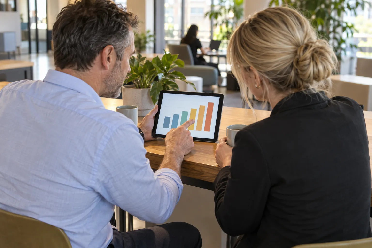 Two managers reviewing performance figures on a tablet in an office breakout area.