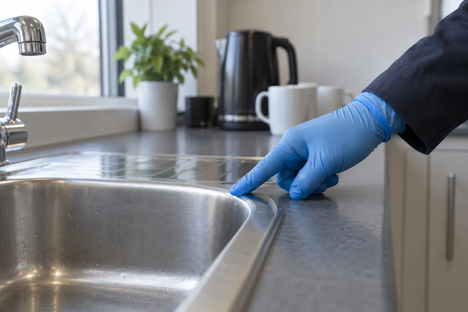A supervisor's gloved finger checking the rim of a tea point sink.