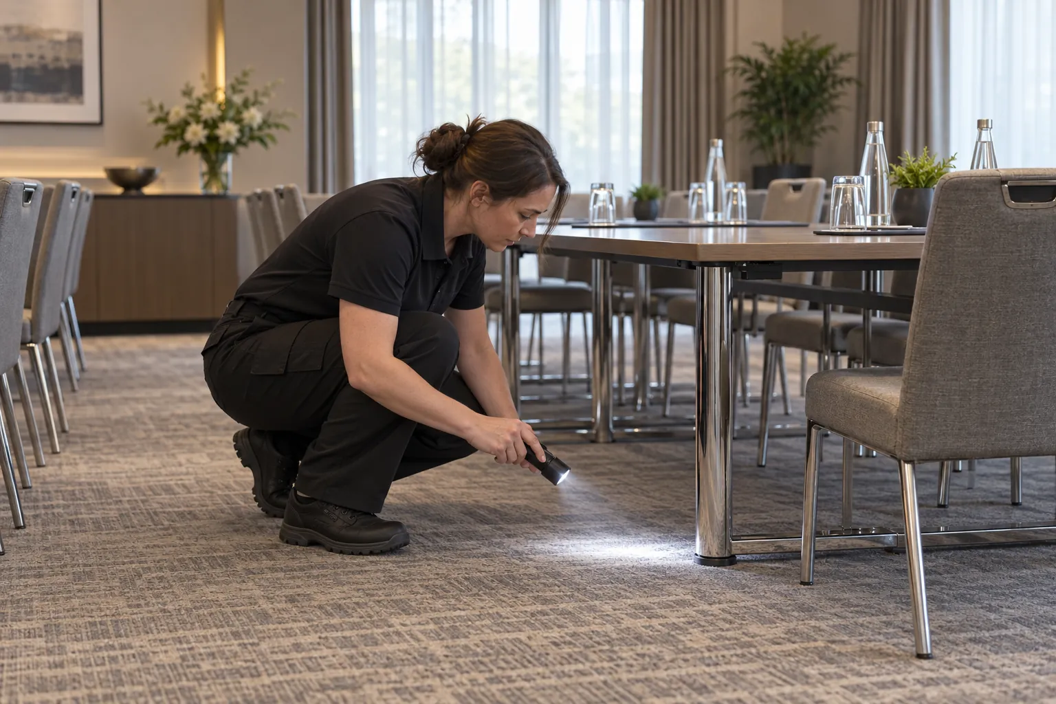 A cleaning supervisor inspecting under a table in a hotel conference room.