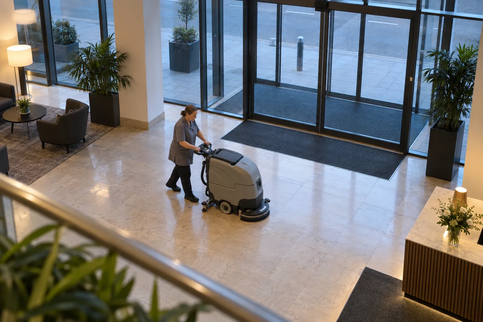 A cleaner machine-cleaning an office entrance lobby floor at dawn, seen from a mezzanine.