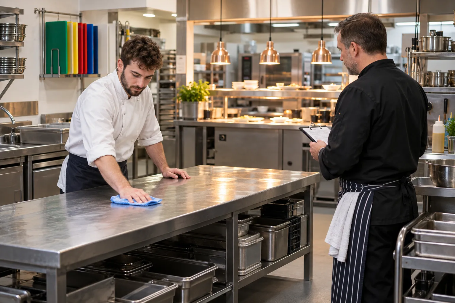 A kitchen manager checking a preparation table as a kitchen porter finishes cleaning it.