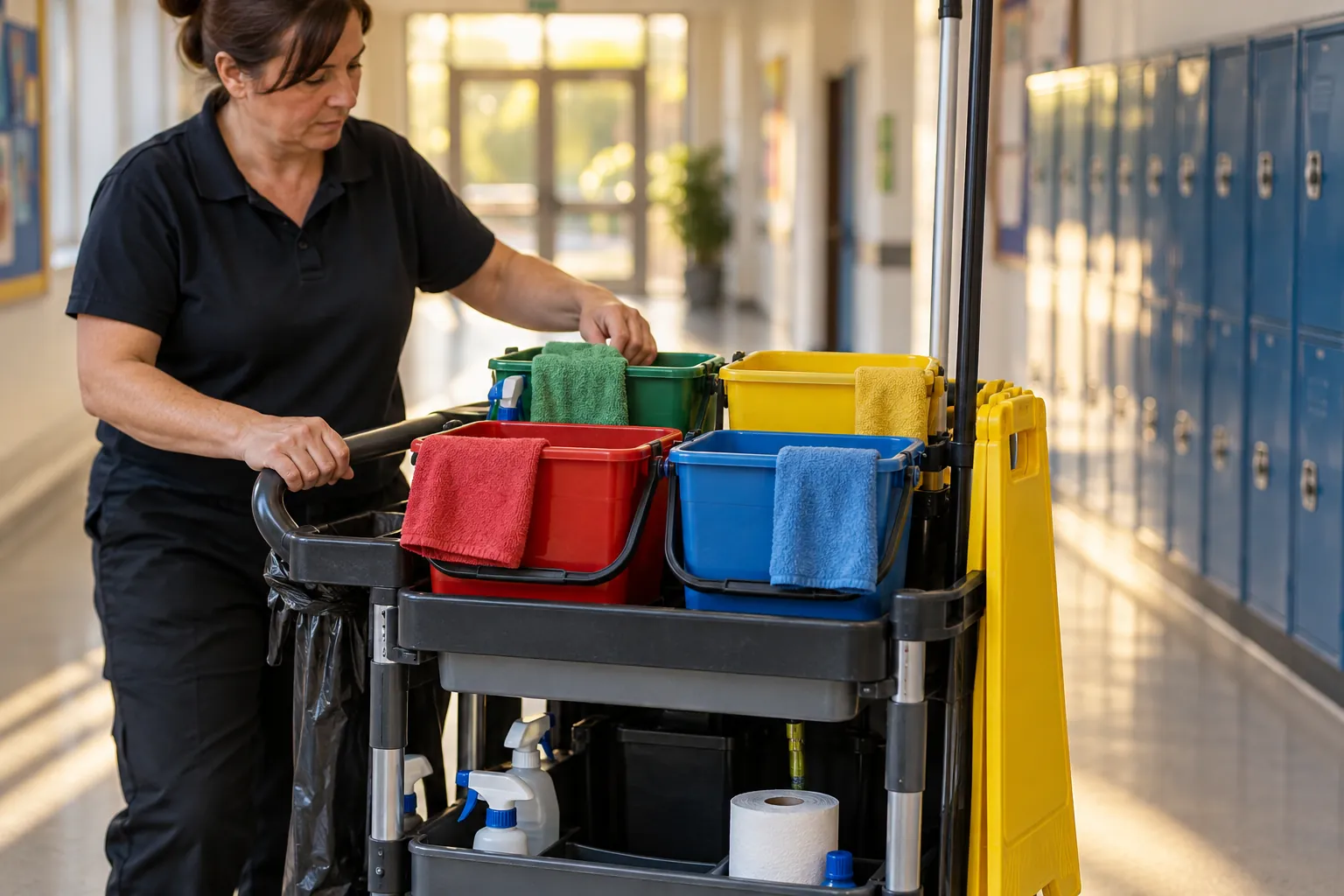 A cleaning trolley with colour-coded buckets and cloths in a school corridor.