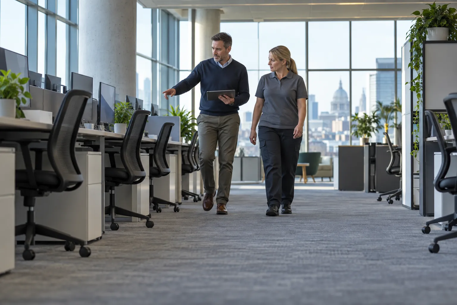 A facilities manager and a cleaning supervisor walking an empty office floor in the early morning.