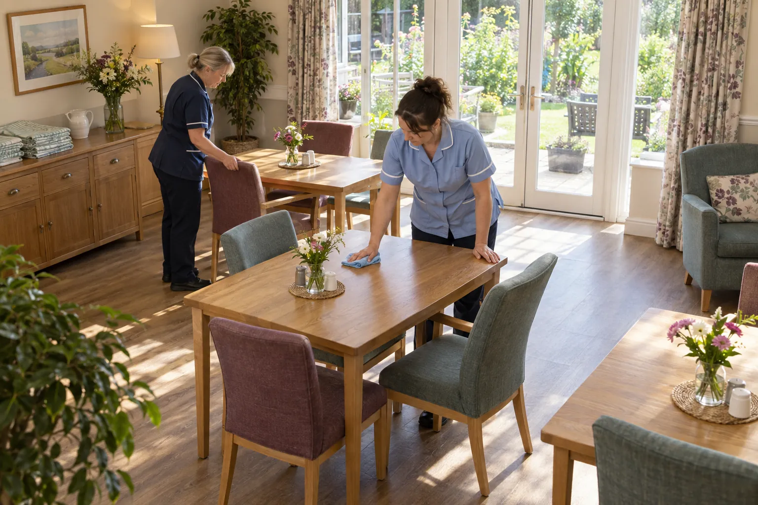 Two care assistants clearing and wiping tables in a care home dining room.