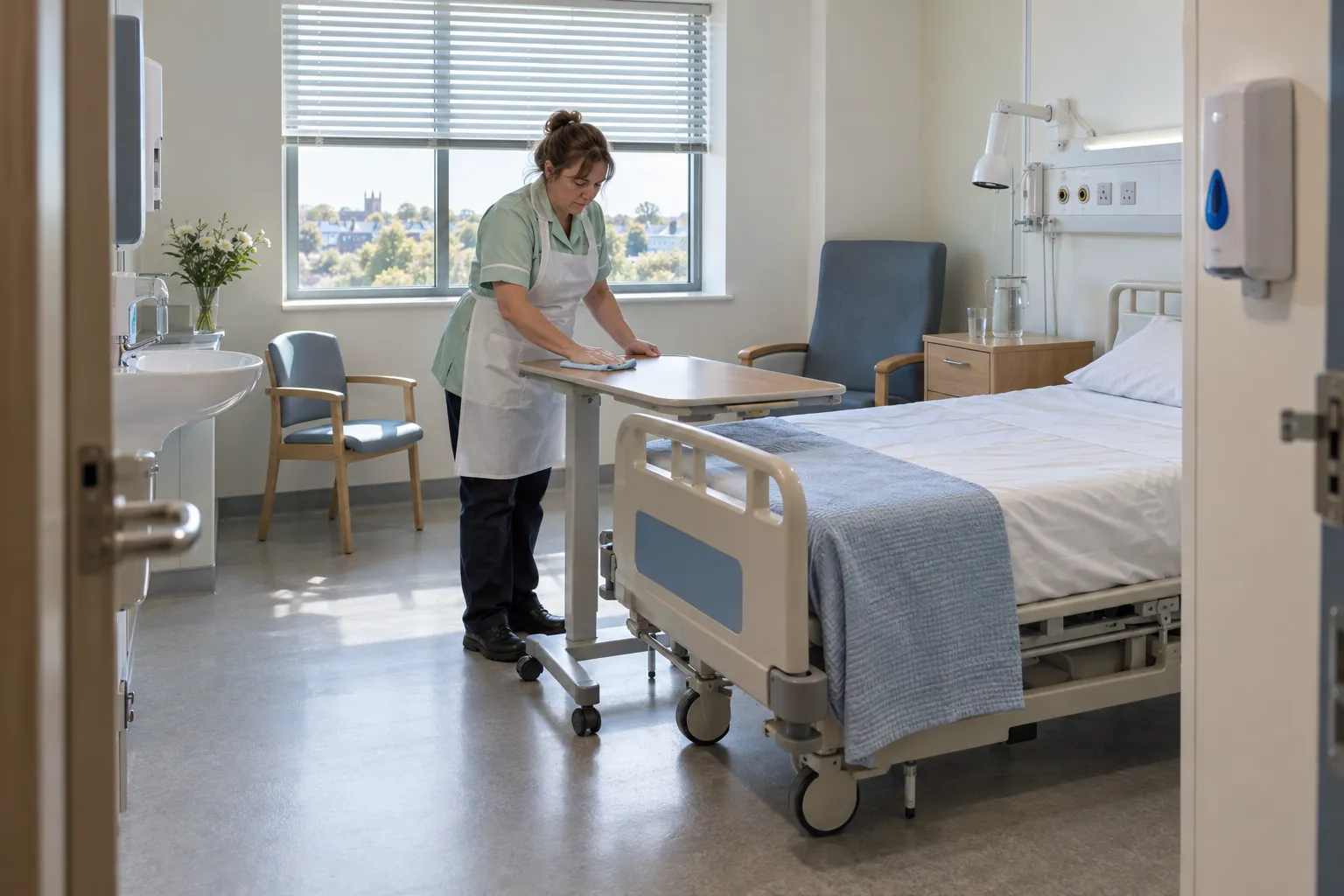 A domestic assistant wiping an over-bed table in an empty hospital room.