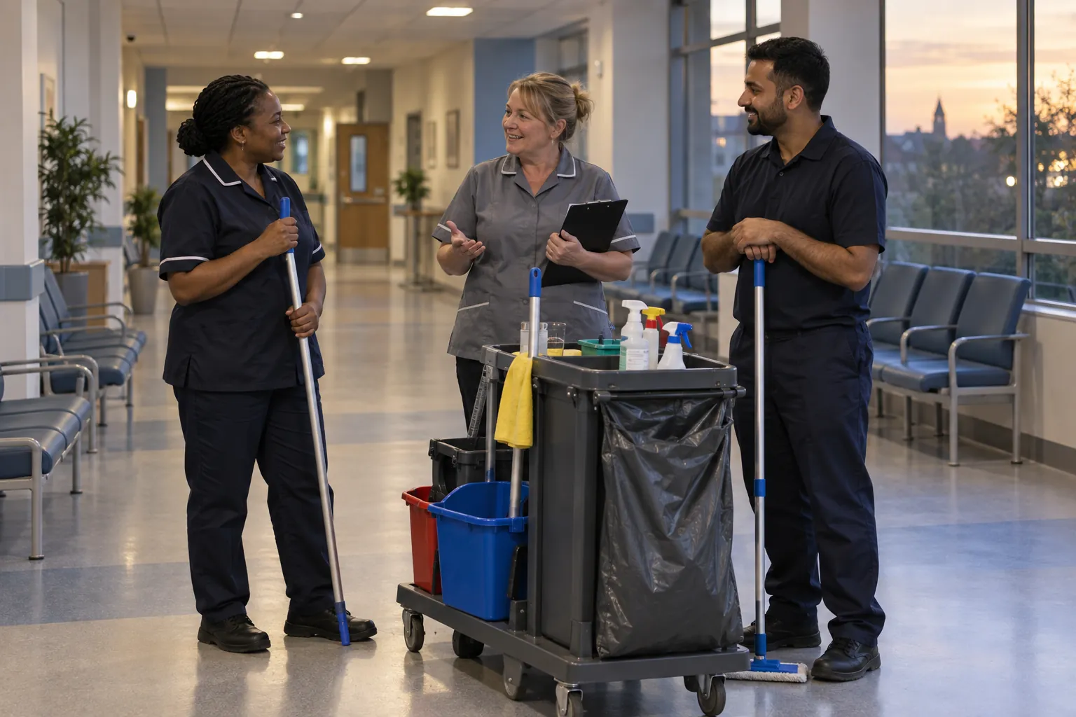 A cleaning supervisor briefing two cleaners at the start of an evening shift in a quiet hospital corridor.