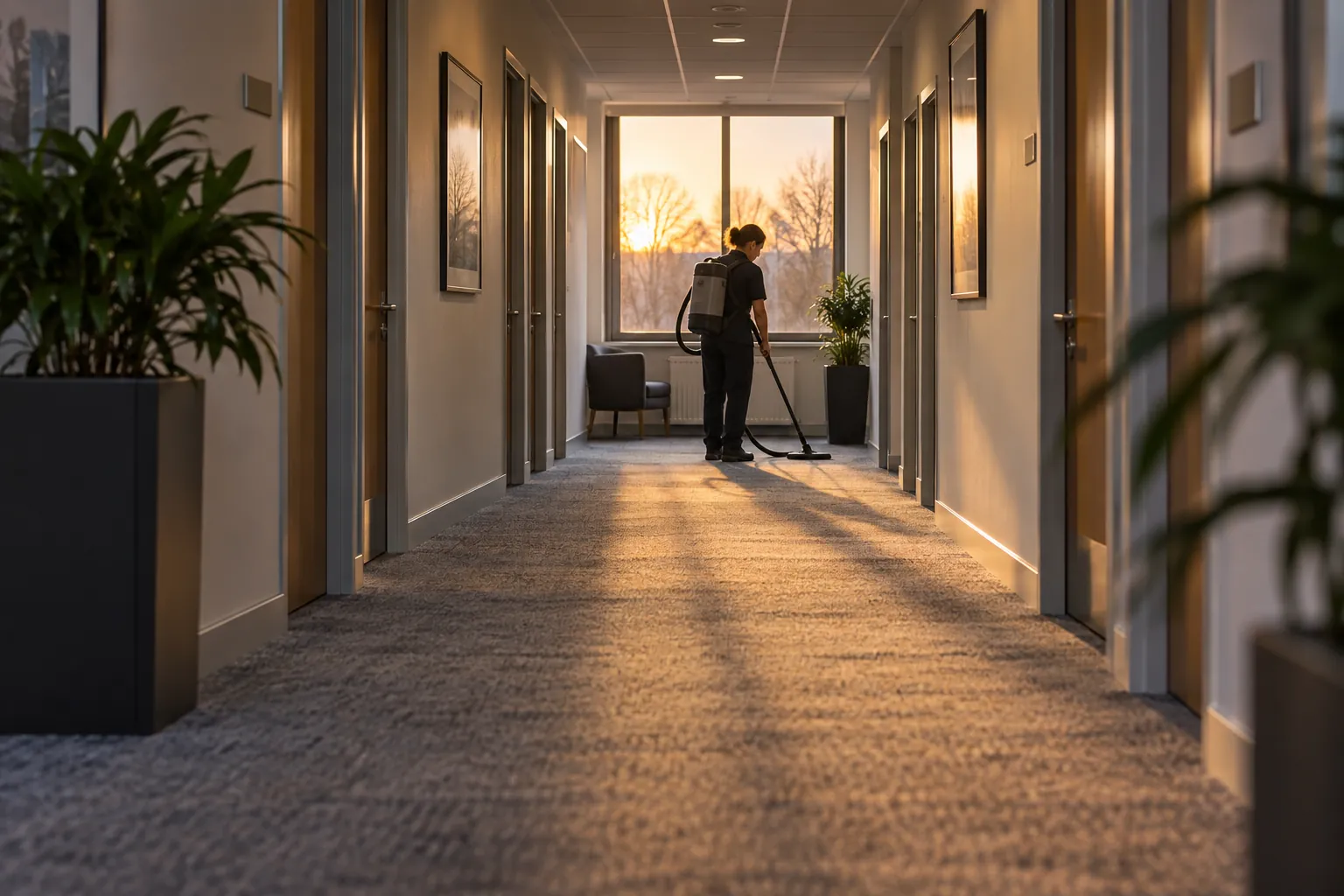 A cleaner vacuuming at the far end of a long office corridor in evening light.