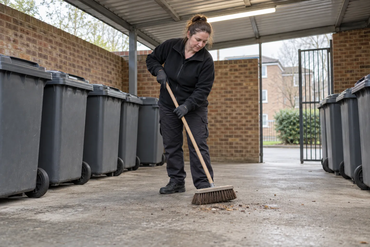 A cleaner sweeping out a tidy bin store behind a block of flats.