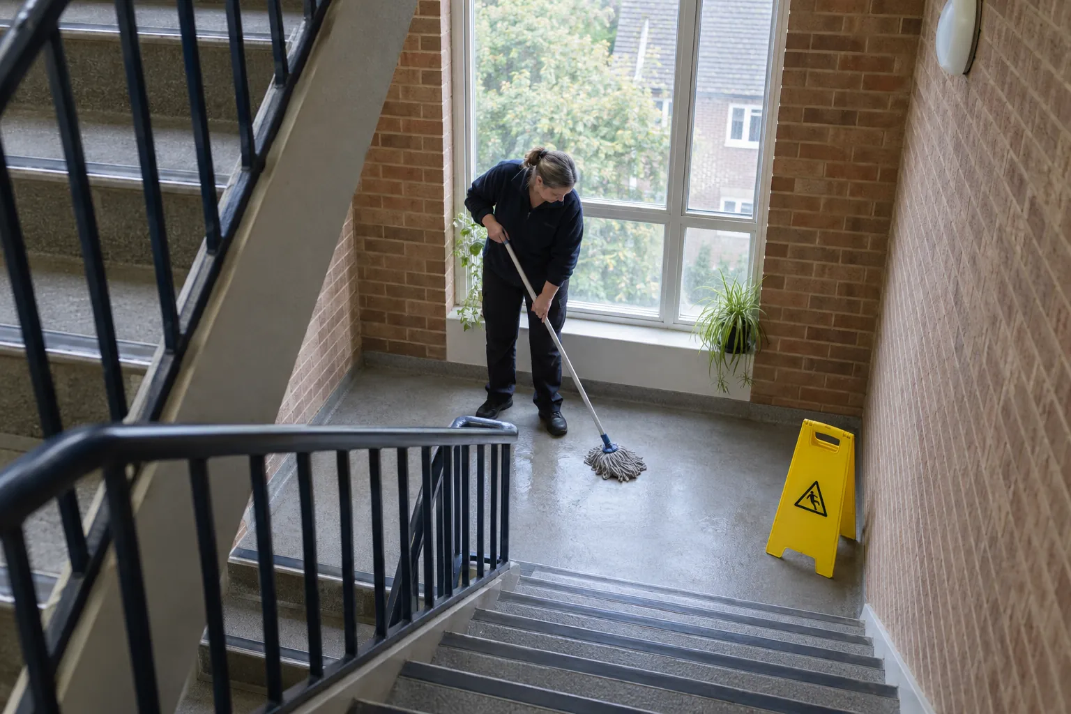 A cleaner mopping a stair landing in a block of flats, seen from the flight above.