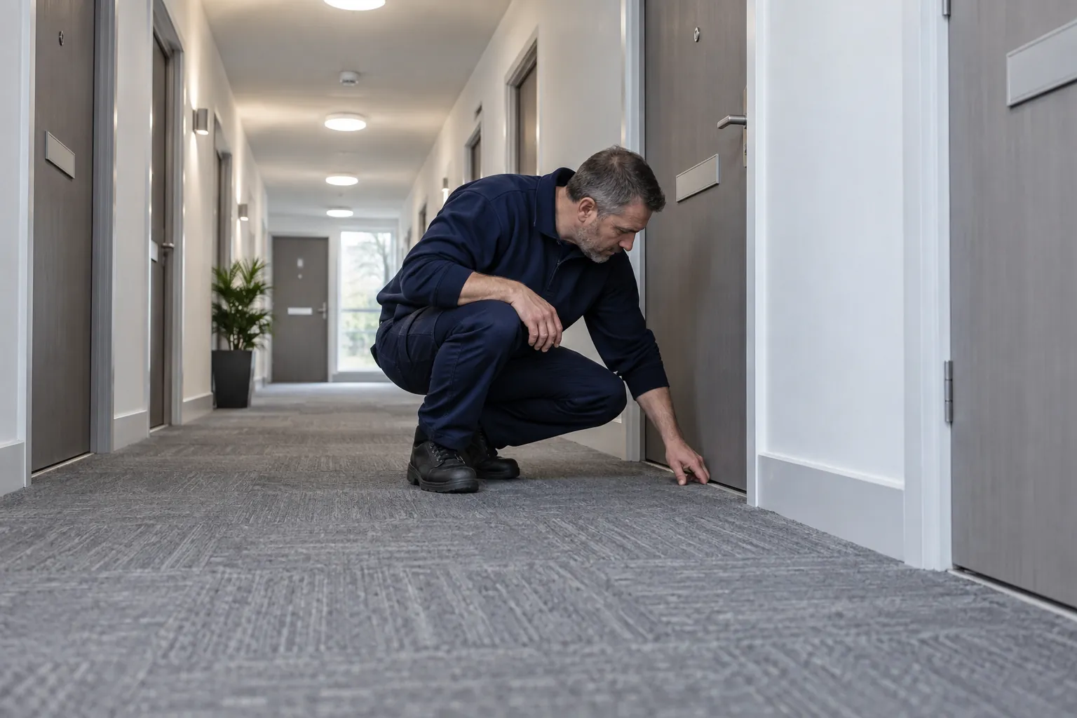 A caretaker crouching to check the bottom of a flat entrance door in a residential corridor.