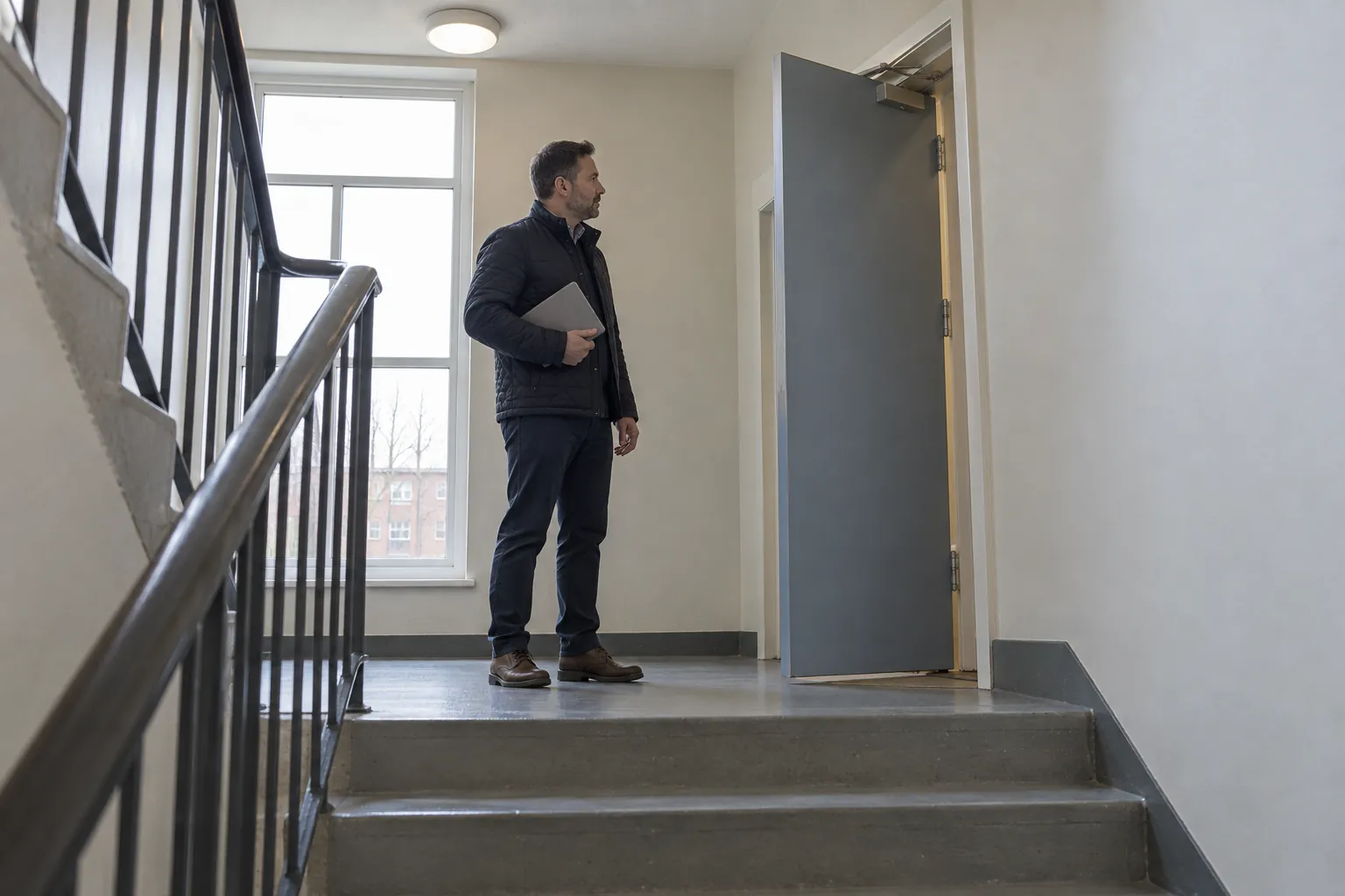 A block manager watching a stair lobby fire door close on a landing in a block of flats.
