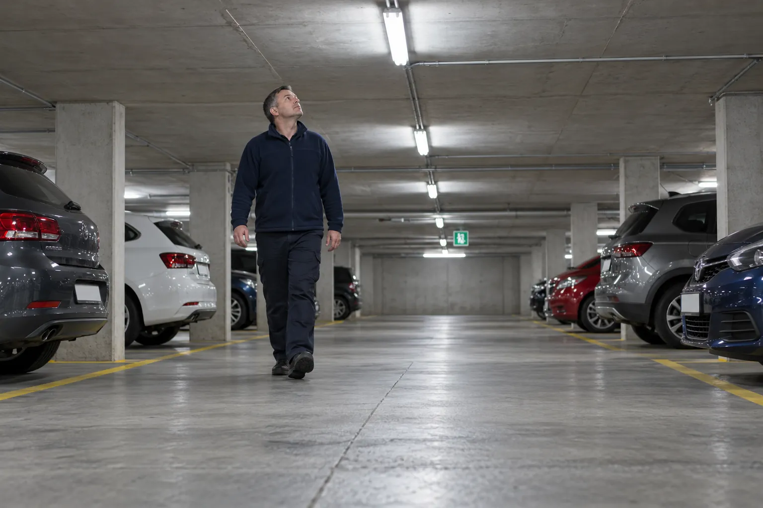 A concierge walking through a basement car park and looking up at a ceiling light.