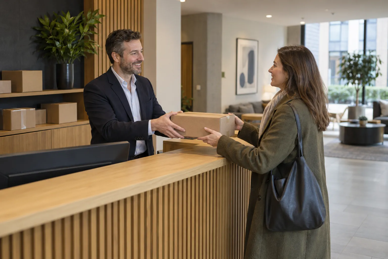 A concierge handing a parcel across a front desk to a resident in a bright residential lobby.