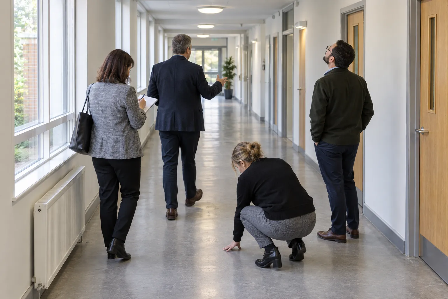 A facilities manager showing three visitors round an office corridor on a site visit.