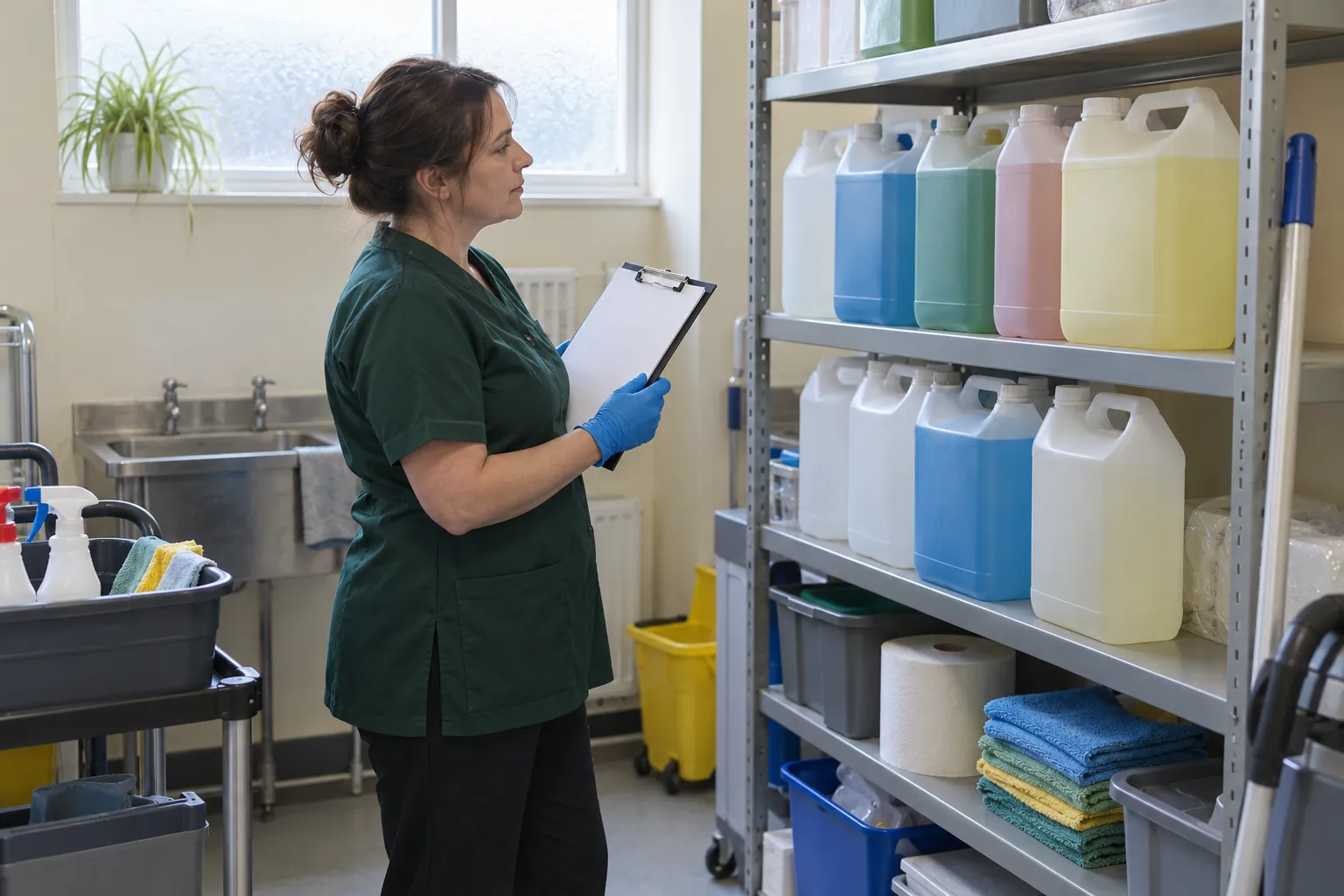 A cleaning supervisor with a clipboard checking a row of chemical containers on a shelf in a school cleaners' room.