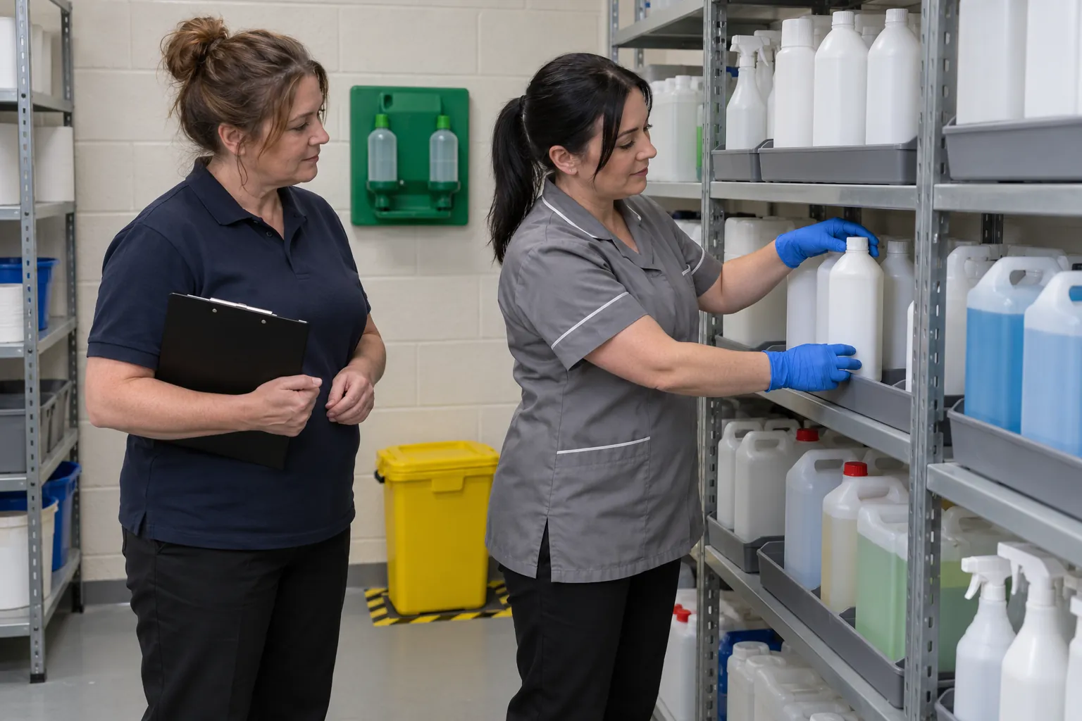 A cleaning supervisor and an operative in gloves checking product containers on spill trays in a small chemical store.