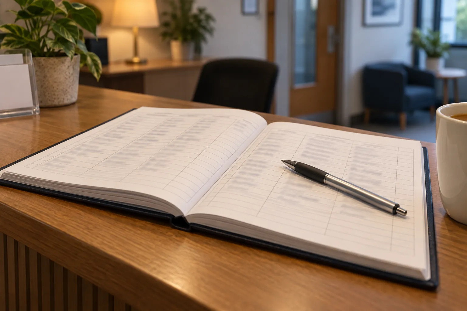 An open bound log book with a pen on a reception counter.