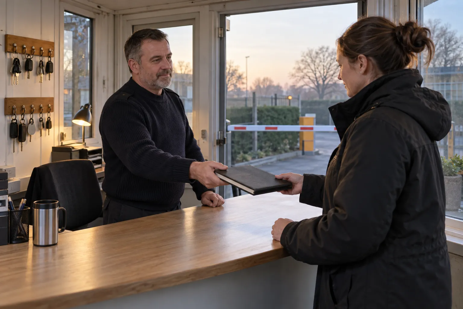 Two security officers handing over a log book in a gatehouse at dawn.