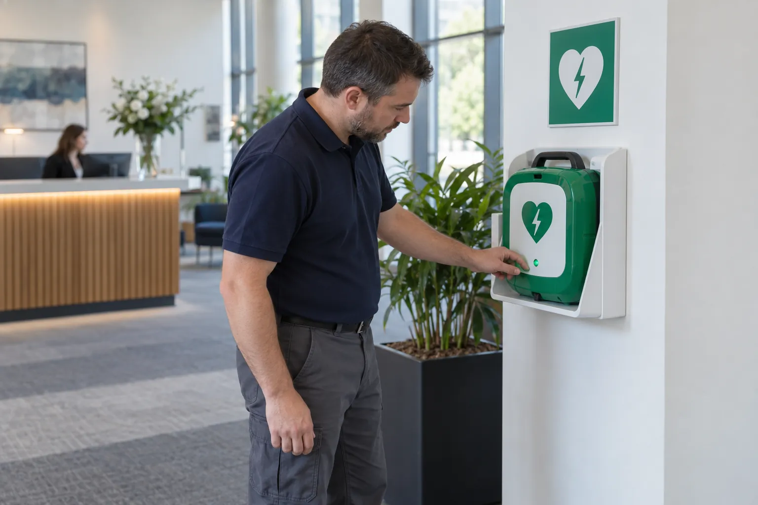 A facilities officer looking at the status light of a wall-mounted defibrillator in an office reception.