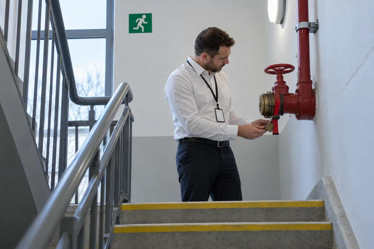 A site manager checking the strap and padlock on a dry riser landing valve in an office stairwell.