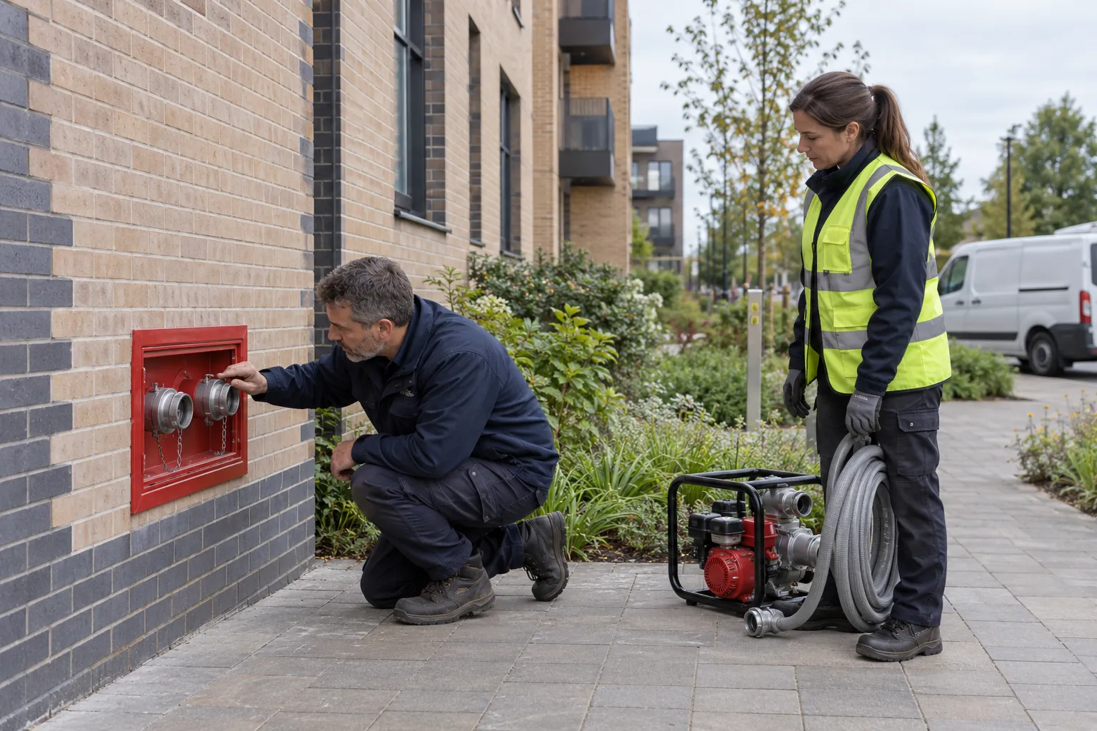 A fire engineer inspecting a dry riser inlet on the outside wall of a block of flats while a colleague stands by a hose and pump.