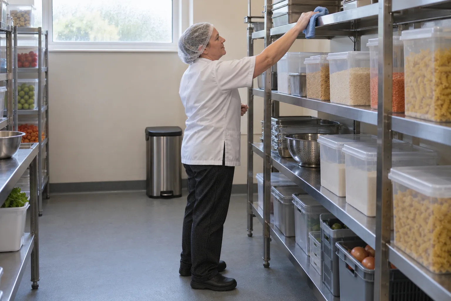 A catering supervisor wiping a high shelf in a school kitchen store room.