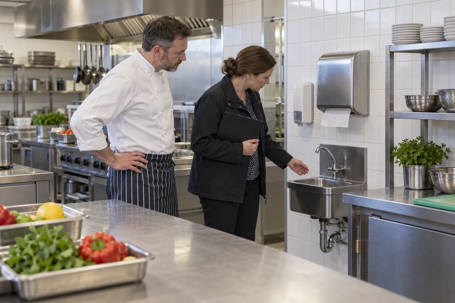 A food safety officer and a kitchen manager looking at a wash-hand basin in a café kitchen.