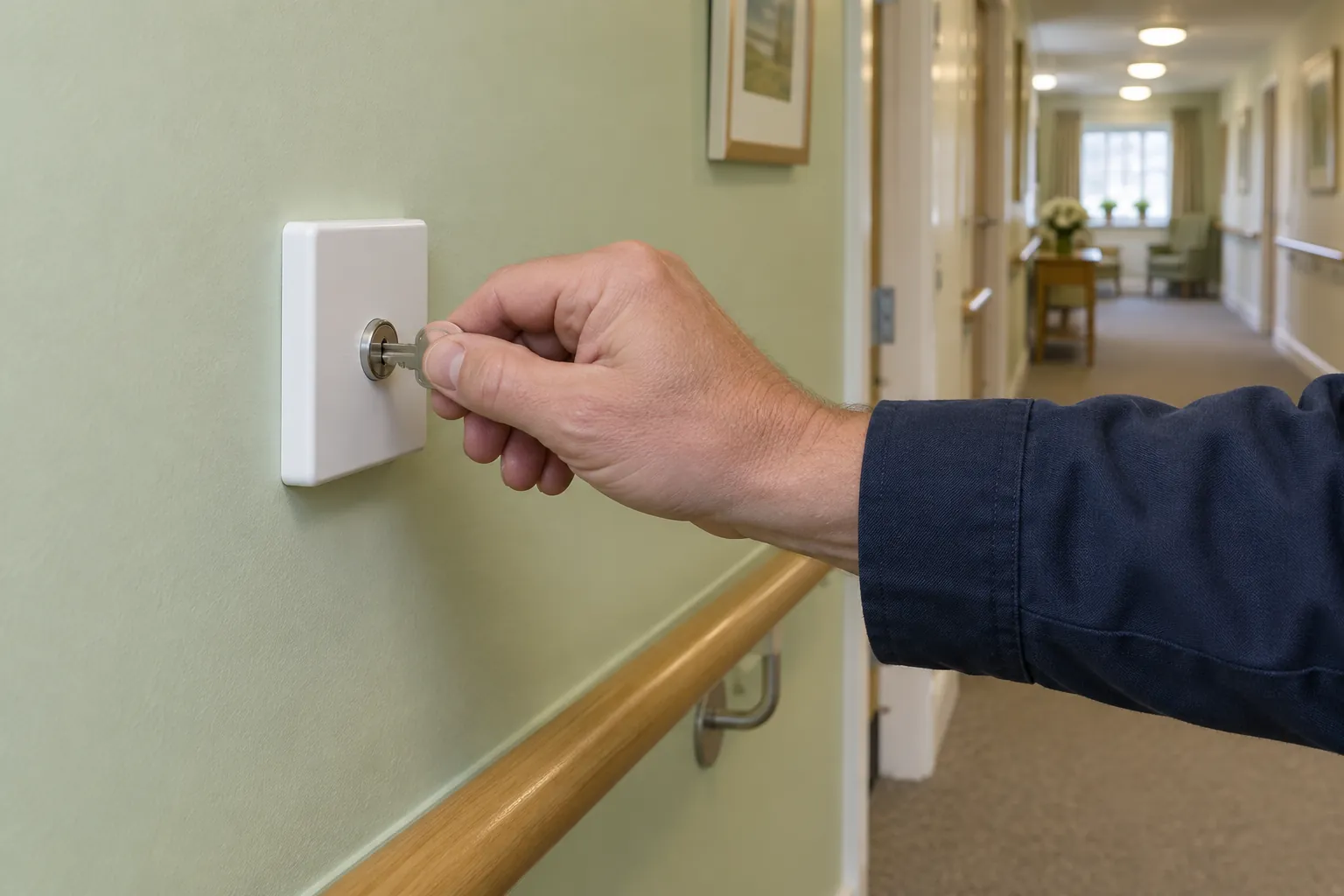 A hand turning an emergency lighting test key switch on a corridor wall.
