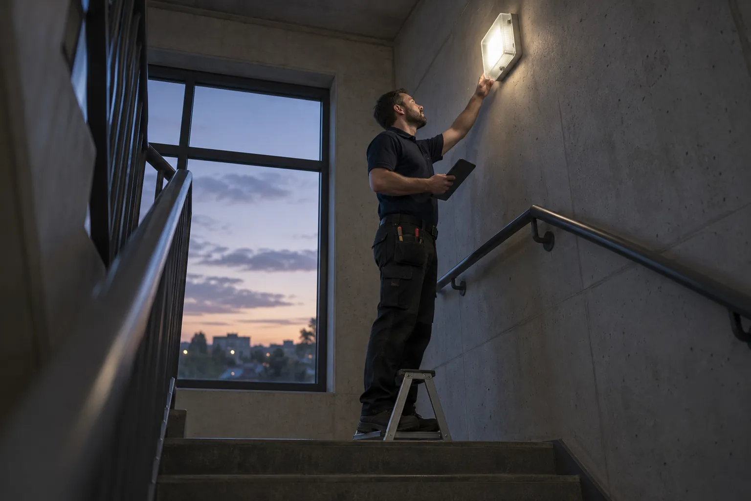 An electrician looking up at a lit emergency light in a stairwell.