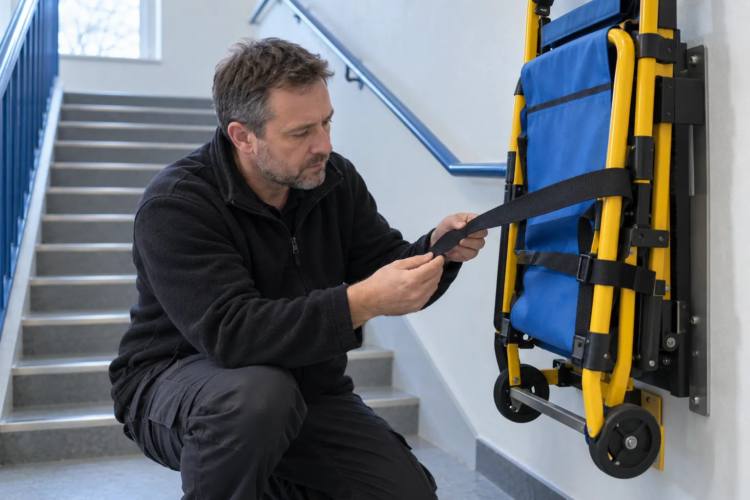 A premises officer checking the strap of a folded evacuation chair on a school stair landing.